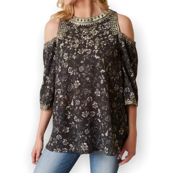 BKE Bohemian Blouse Floral Knit Cold Shoulder Embroidered Boho Women’s Small S - Picture 1 of 14